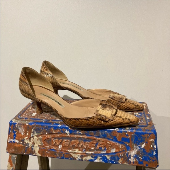 Manolo Blahnik Shoes - Vtg Manolo Blahnik snakeskin d’orsay buckle mules heels 38